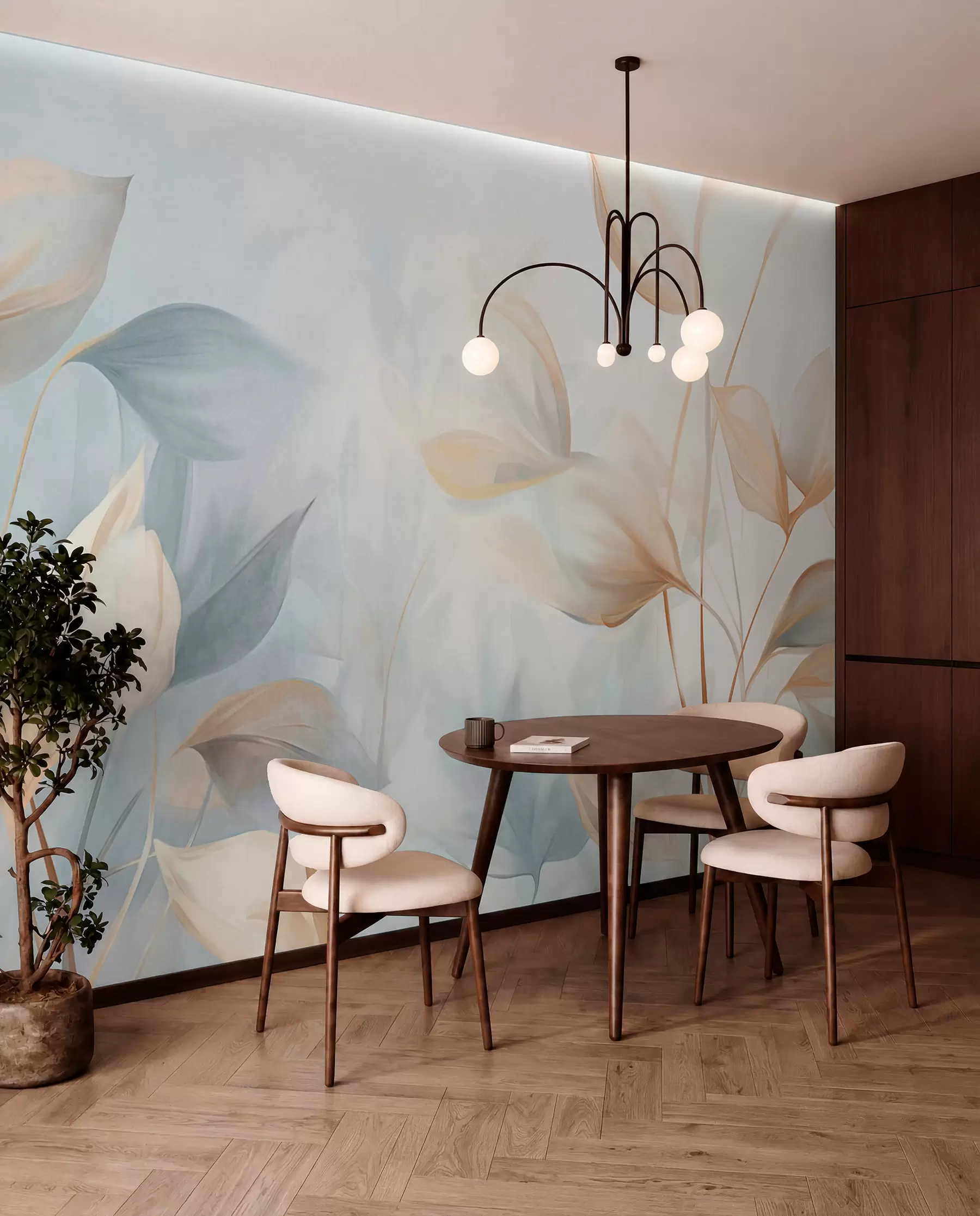 wall murals Peach and Blue Leaves w09607