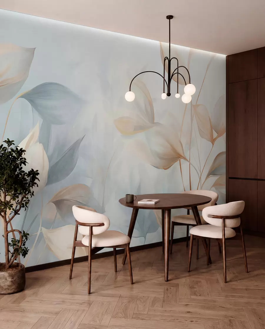 wall murals A soft, delicate, translucent leaves in muted tones of beige, peach, and pale blue, textured pastel art w09607