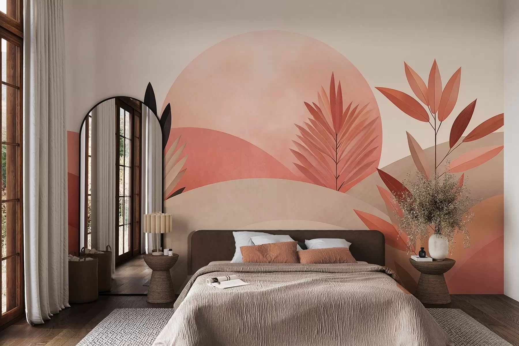 wall murals Abstract boho landscape, sun behind rolling hills, plants in the foreground, minimalist, textured, muted colors w09608