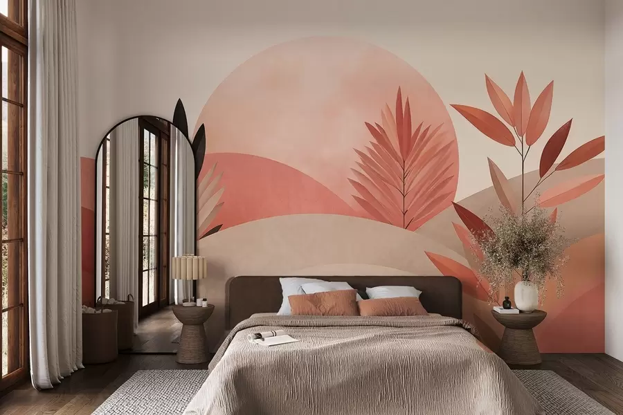 wall murals Abstract boho landscape, sun behind rolling hills, plants in the foreground, minimalist, textured, muted colors w09608