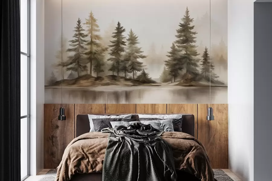 wall murals A textured foggy forest with tall pine trees painting imitation w09610