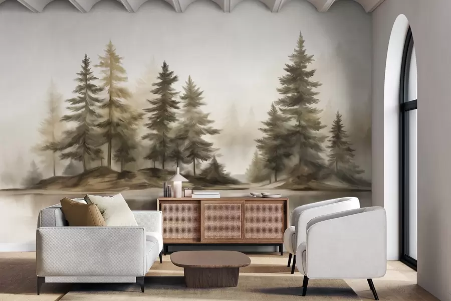wall murals A textured foggy forest with tall pine trees painting imitation w09610