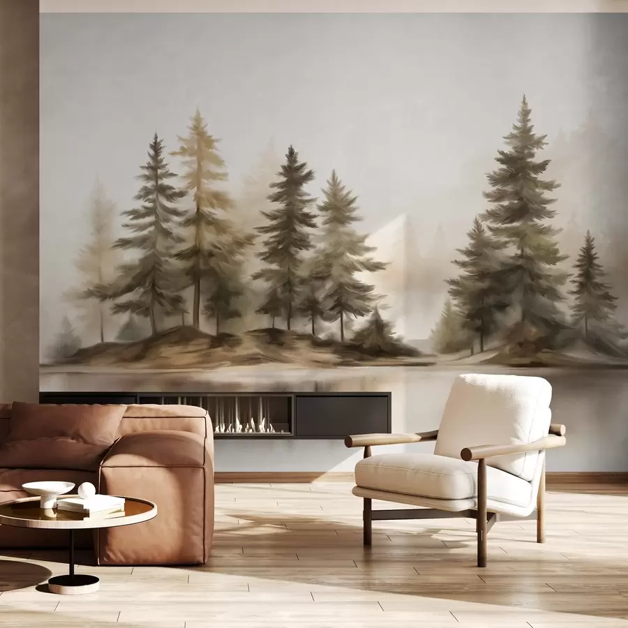 wall murals A textured foggy forest with tall pine trees painting imitation w09610