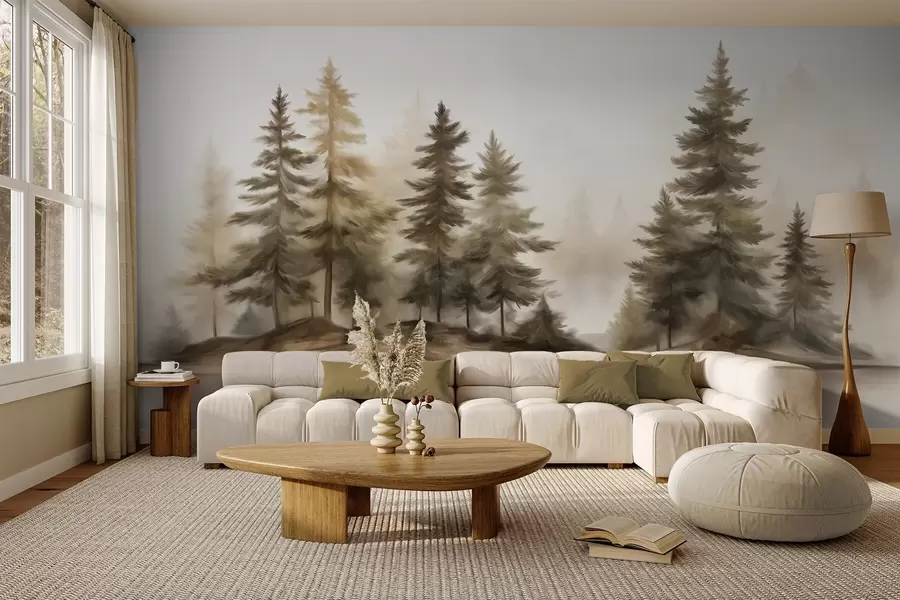 wall murals A textured foggy forest with tall pine trees painting imitation w09610