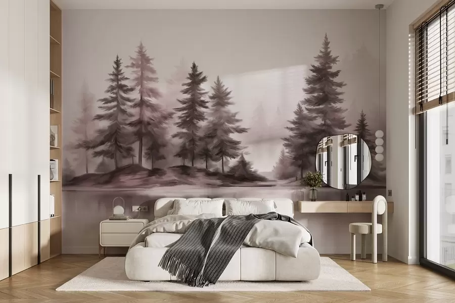 wall murals A textured foggy forest with tall pine trees painting imitation w09610v1
