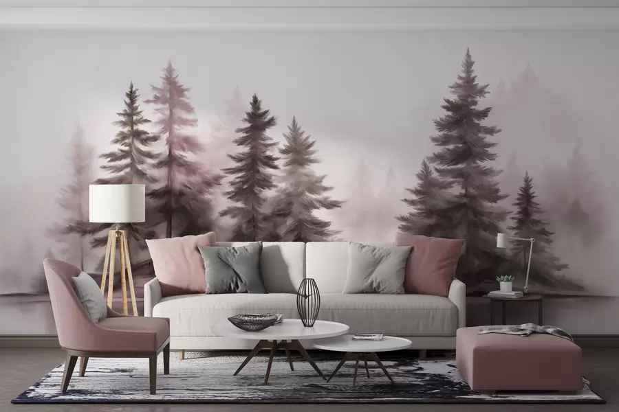 wall murals A textured foggy forest with tall pine trees painting imitation w09610v1