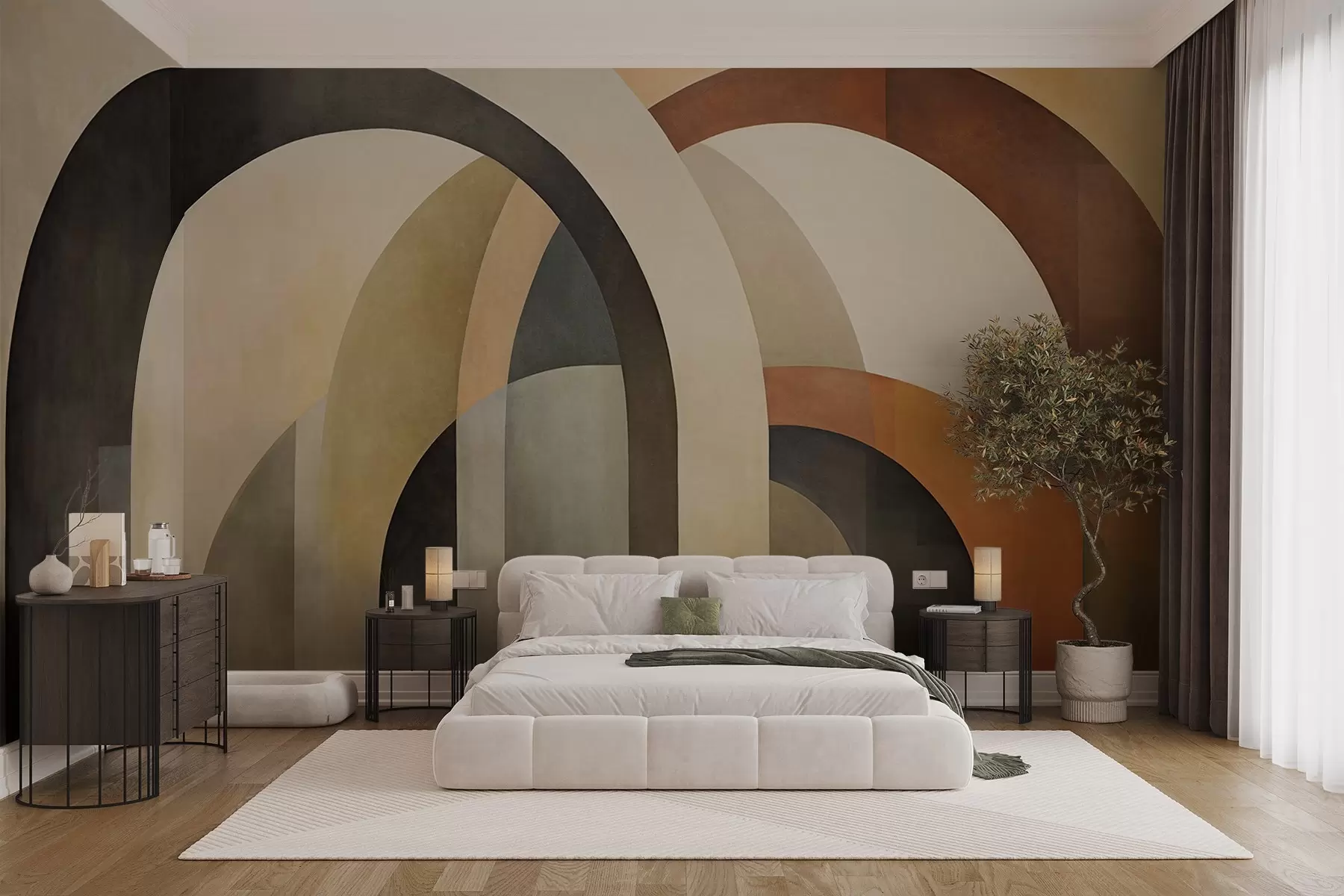 wall murals Abstract textured geometric arches in earthy tones of beige, brown and gray, a layered modern architectural design w09611