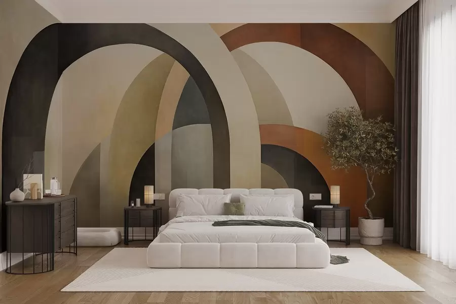 wall murals Abstract textured geometric arches in earthy tones of beige, brown and gray, a layered modern architectural design w09611