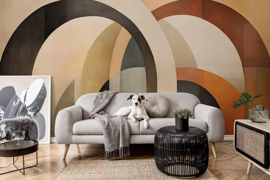 wall murals Abstract textured geometric arches in earthy tones of beige, brown and gray, a layered modern architectural design w09611