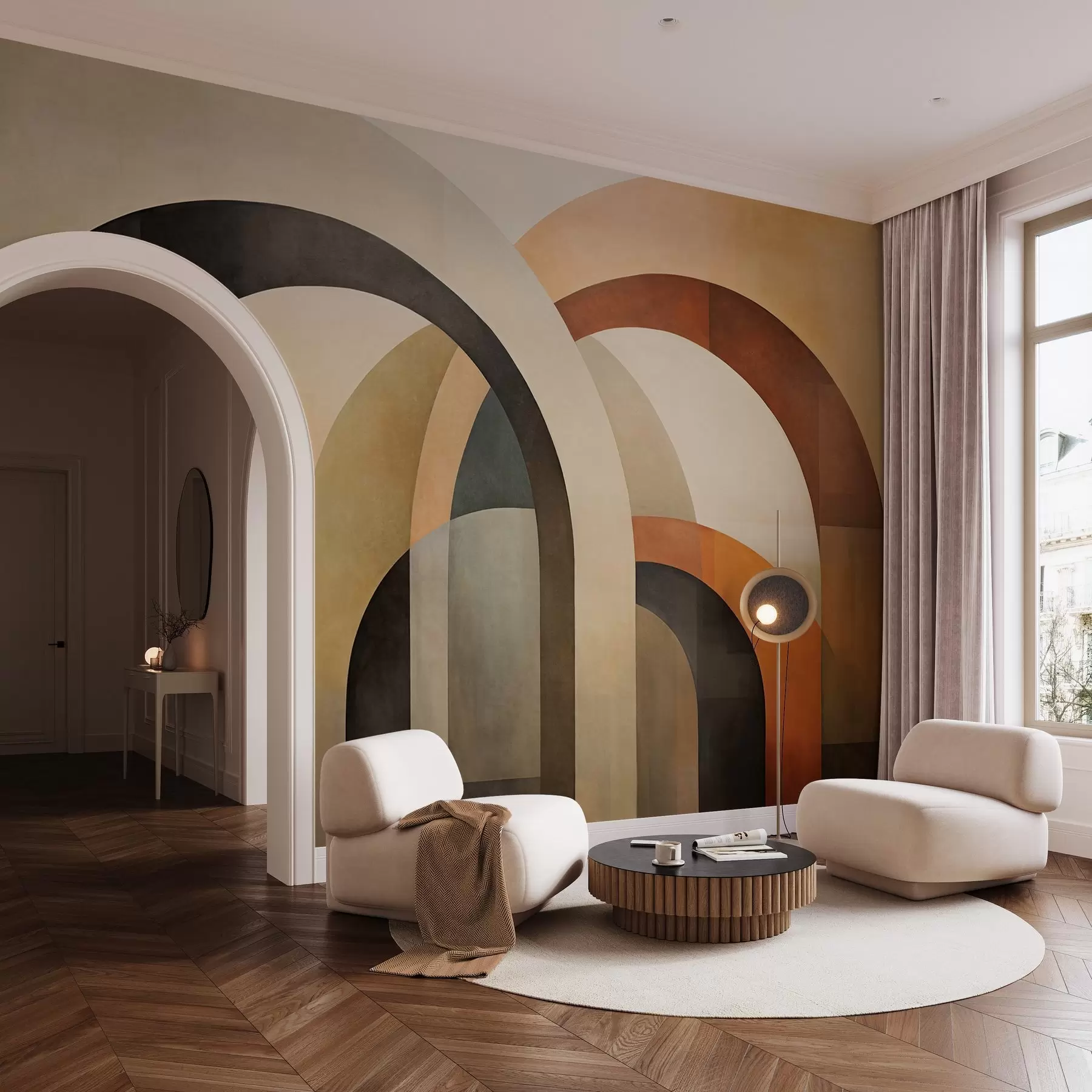 wall murals Abstract textured geometric arches in earthy tones of beige, brown and gray, a layered modern architectural design w09611