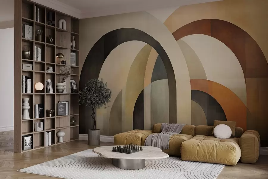 wall murals Abstract textured geometric arches in earthy tones of beige, brown and gray, a layered modern architectural design w09611