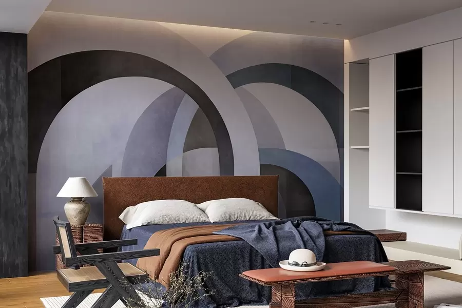 wall murals Abstract textured geometric arches in tones of blue, black and gray, a layered modern architectural design w09611v1