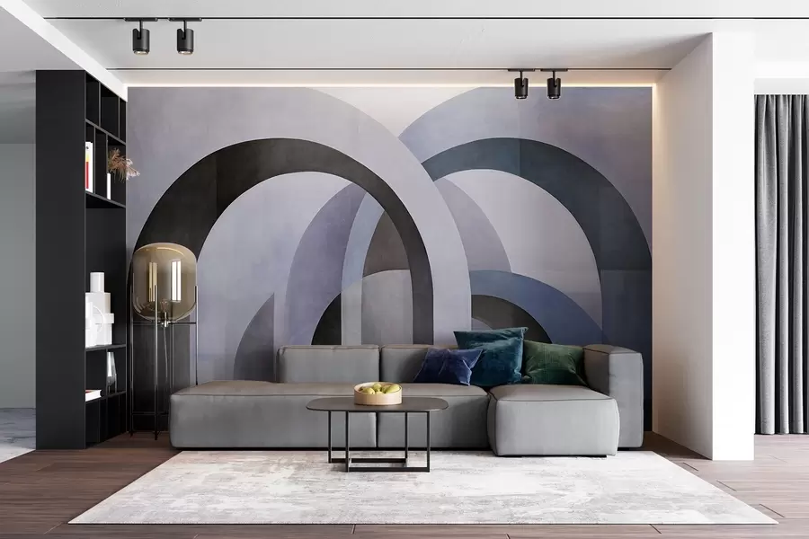 wall murals Abstract textured geometric arches in tones of blue, black and gray, a layered modern architectural design w09611v1