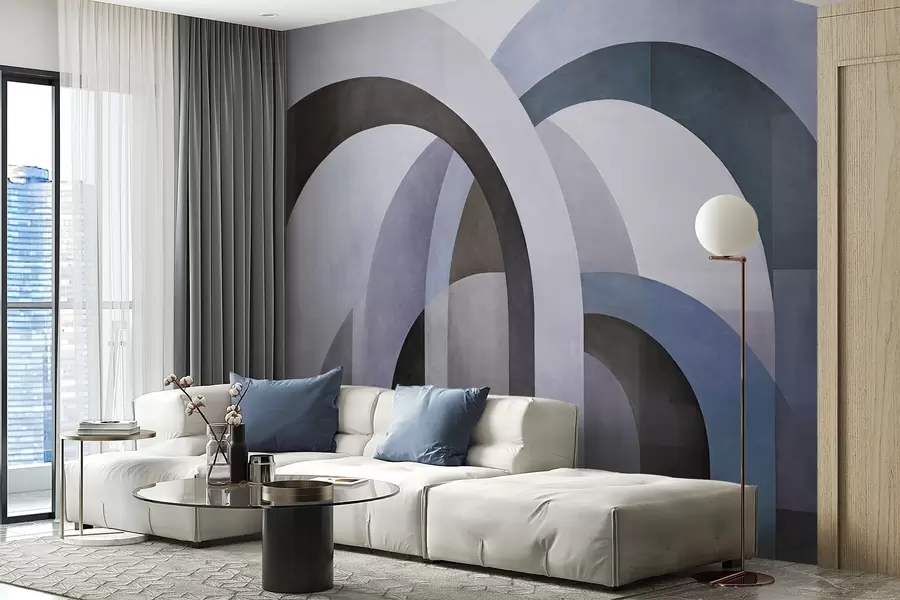 wall murals Abstract textured geometric arches in tones of blue, black and gray, a layered modern architectural design w09611v1