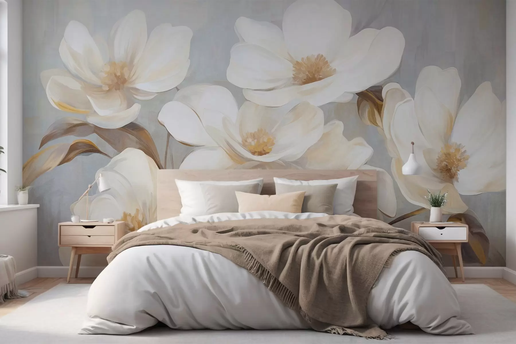 wall murals A textured painting imitation of several white magnolia flowers against a muted pastel background w09612