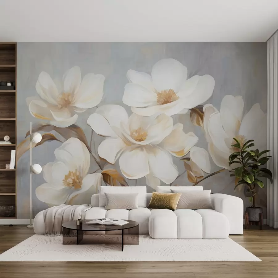 wall murals A textured painting imitation of several white magnolia flowers against a muted pastel background w09612
