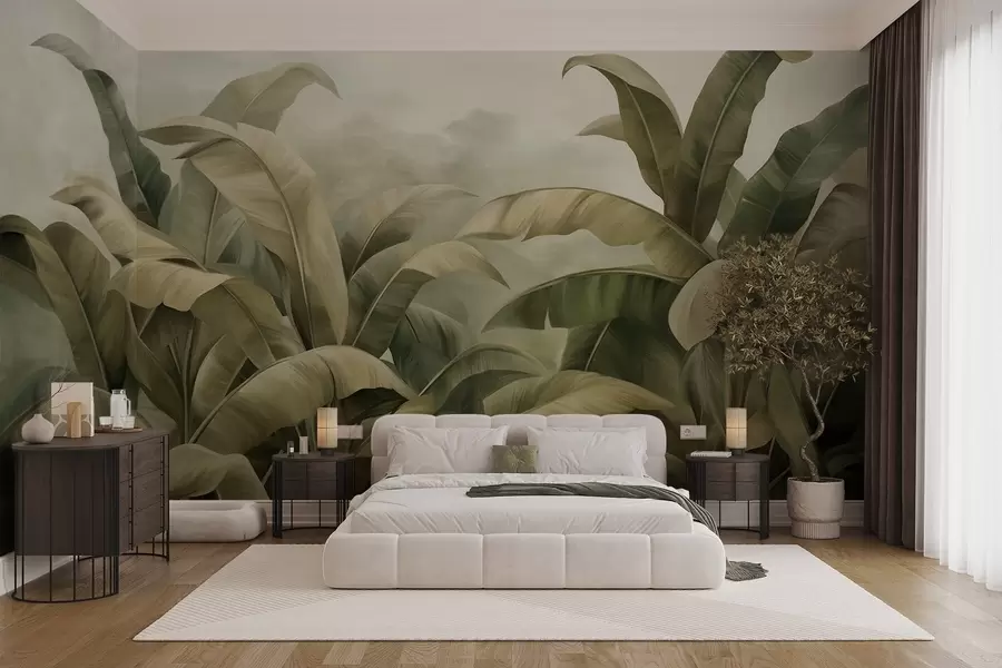 wall murals Textured dense jungle landscape with large banana leaves in muted green and beige tones w09613