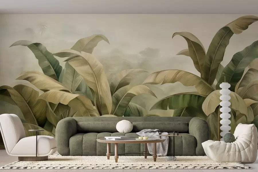 wall murals Textured dense jungle landscape with large banana leaves in muted green and beige tones w09613