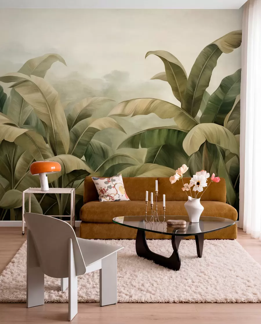 wall murals Textured dense jungle landscape with large banana leaves in muted green and beige tones w09613