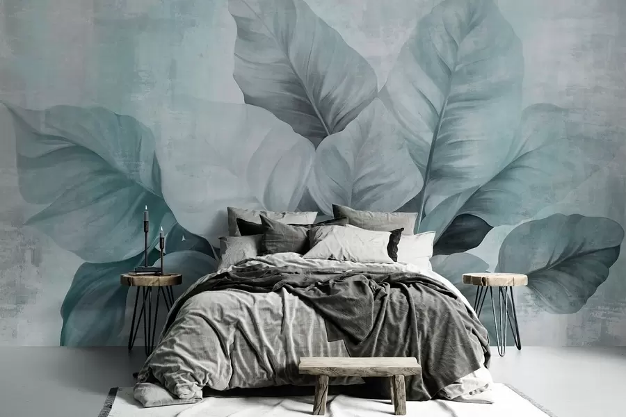 wall murals Textured painting imitation of large, light blue leaves against a neutral background with subtle brushstrokes w09614v2