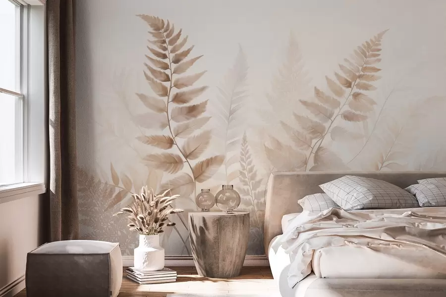 wall murals Textured dried fern fronds in various shades of brown, with a soft, light background in watercolor style w09615