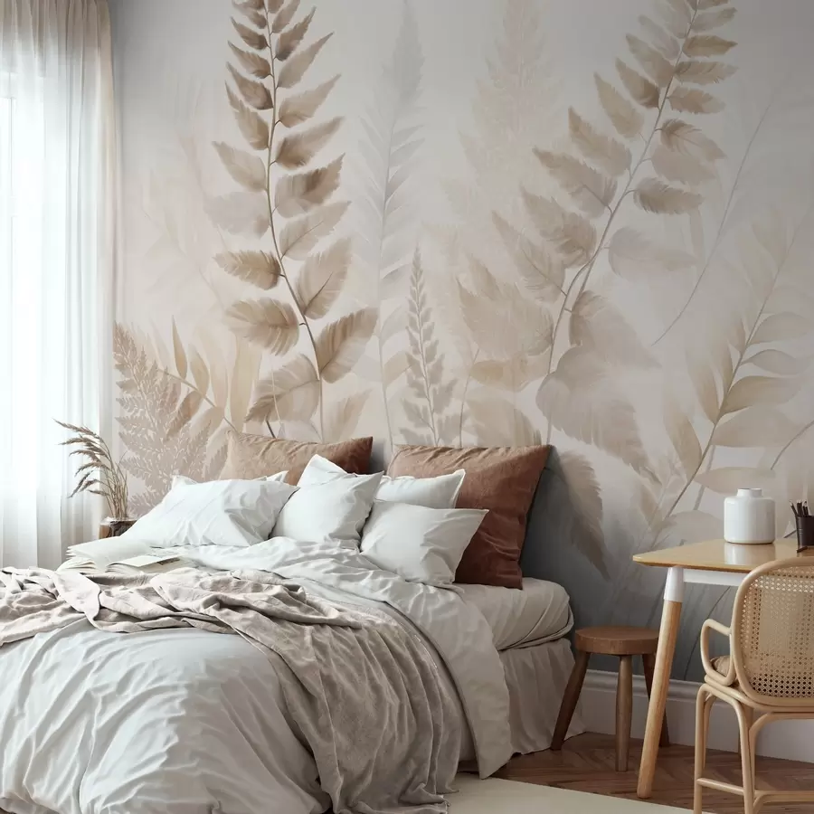 wall murals Textured dried fern fronds in various shades of brown, with a soft, light background in watercolor style w09615