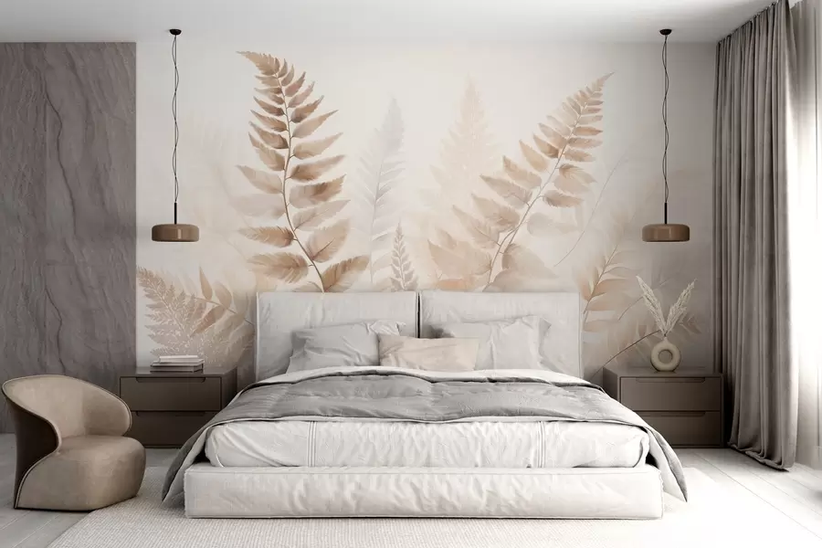 wall murals Textured dried fern fronds in various shades of brown, with a soft, light background in watercolor style w09615