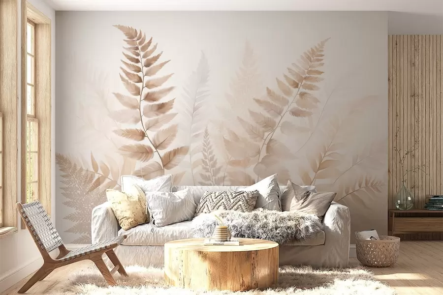 wall murals Textured dried fern fronds in various shades of brown, with a soft, light background in watercolor style w09615