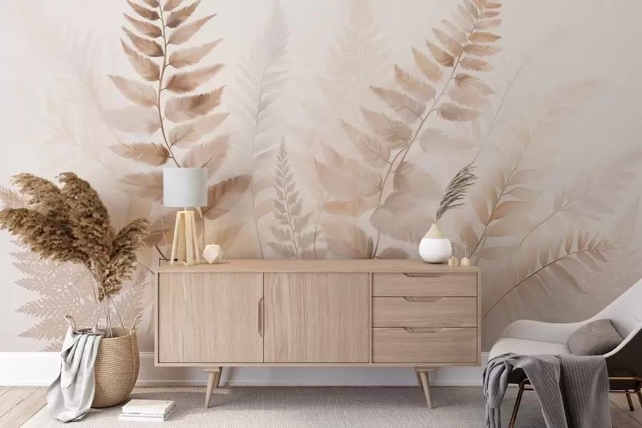wall murals Textured dried fern fronds in various shades of brown, with a soft, light background in watercolor style w09615