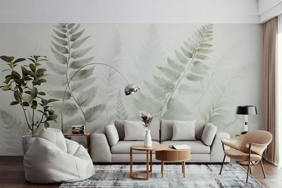 wall murals Textured dried fern fronds in various shades of green, with a soft, light background in watercolor style w09615v1
