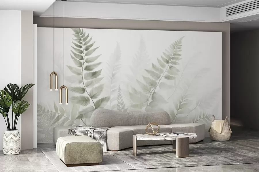 wall murals Textured dried fern fronds in various shades of green, with a soft, light background in watercolor style w09615v1