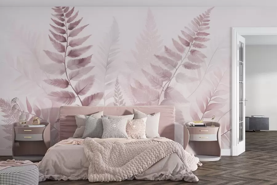 wall murals Textured dried fern fronds in various shades of pink, with a soft, light background in watercolor style w09615v2