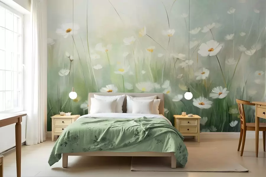 wall murals Abstract field of white daisies with green grass and a soft, hazy background in painting style w09619