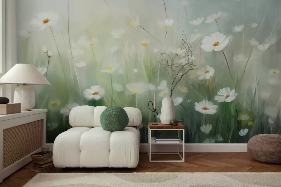 wall murals Abstract field of white daisies with green grass and a soft, hazy background in painting style w09619