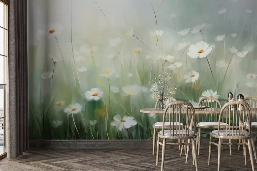 wall murals Abstract field of white daisies with green grass and a soft, hazy background in painting style w09619
