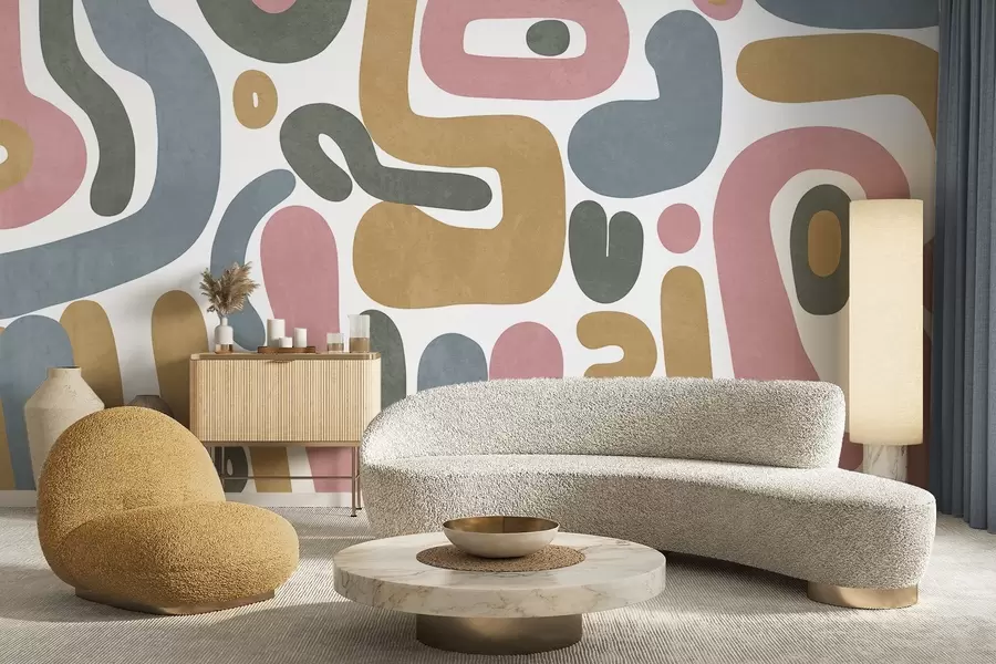 wall murals Abstract textured shapes in pastel pink, muted blue, mustard yellow and grey on a white background modern art w09620