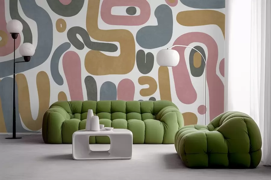 wall murals Abstract textured shapes in pastel pink, muted blue, mustard yellow and grey on a white background modern art w09620