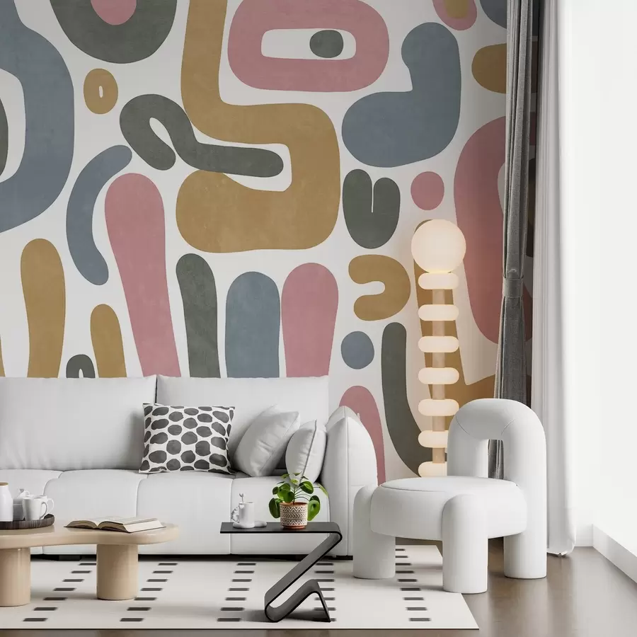 wall murals Abstract textured shapes in pastel pink, muted blue, mustard yellow and grey on a white background modern art w09620