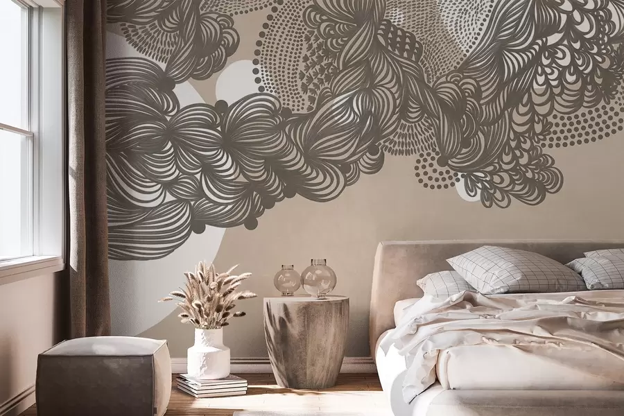 wall murals Abstract textured design on a beige background , with intricate line work and dotted textures w09621