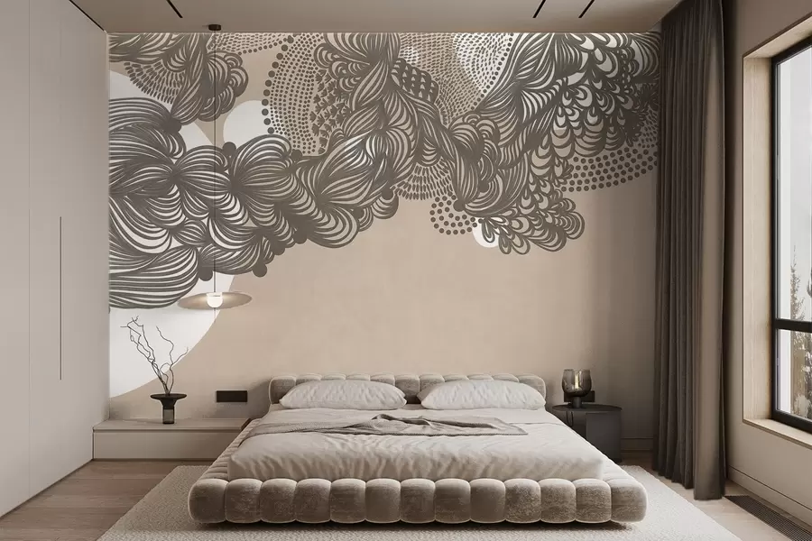 wall murals Abstract textured design on a beige background , with intricate line work and dotted textures w09621