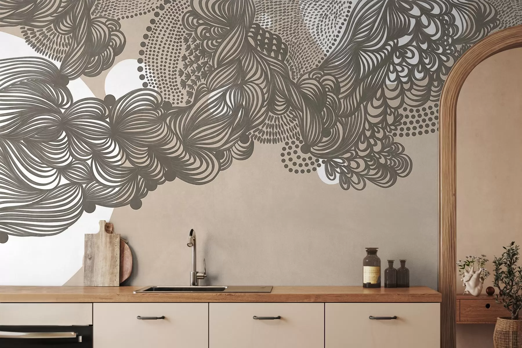 wall murals Abstract textured design on a beige background , with intricate line work and dotted textures w09621