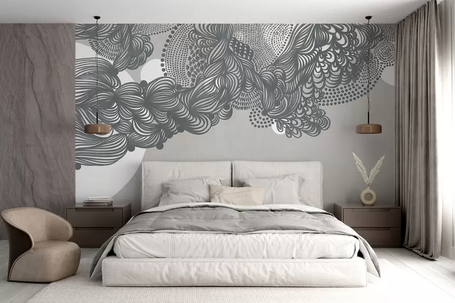 wall murals Abstract textured design on a gray background , with intricate line work and dotted textures w09621v1