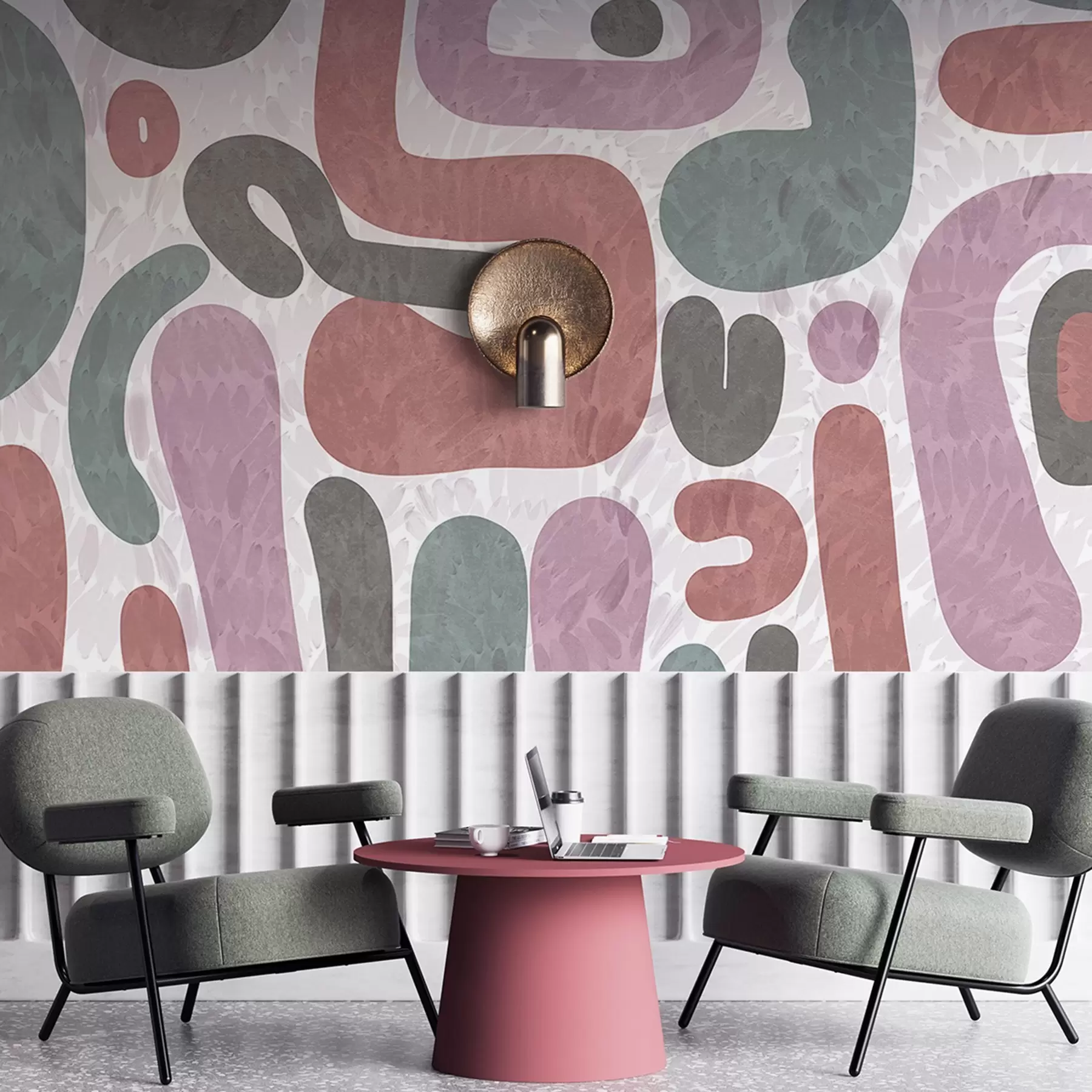 wall murals Abstract textured shapes in muted pink, green and gray tones, on a textured background modern art w09622