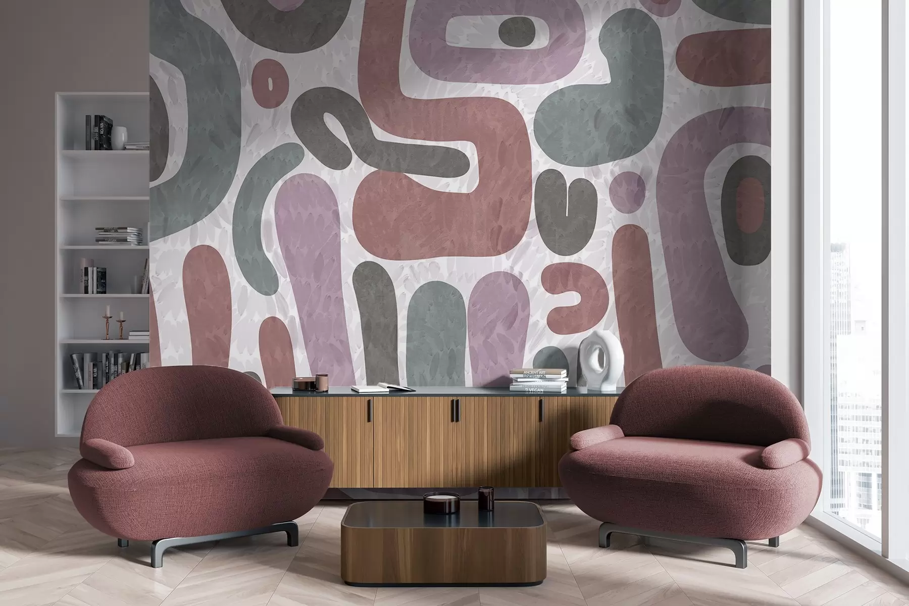 wall murals Abstract textured shapes in muted pink, green and gray tones, on a textured background modern art w09622