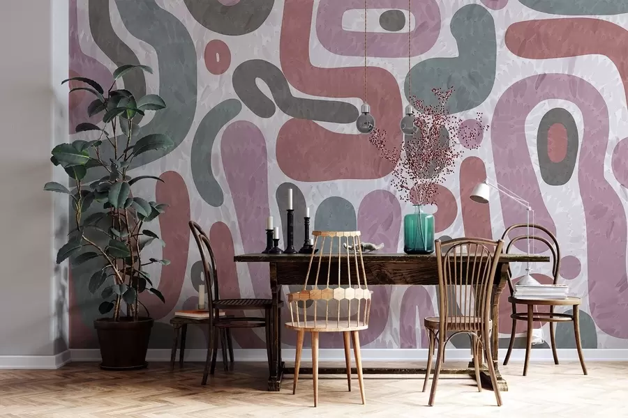 wall murals Abstract textured shapes in muted pink, green and gray tones, on a textured background modern art w09622