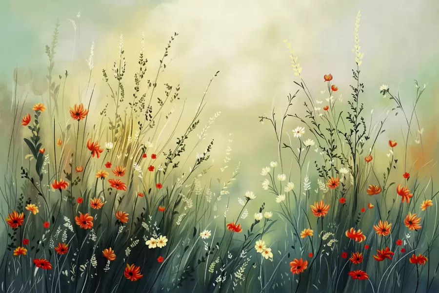 wall murals Meadow flowers and grasses in soft painterly style w05015