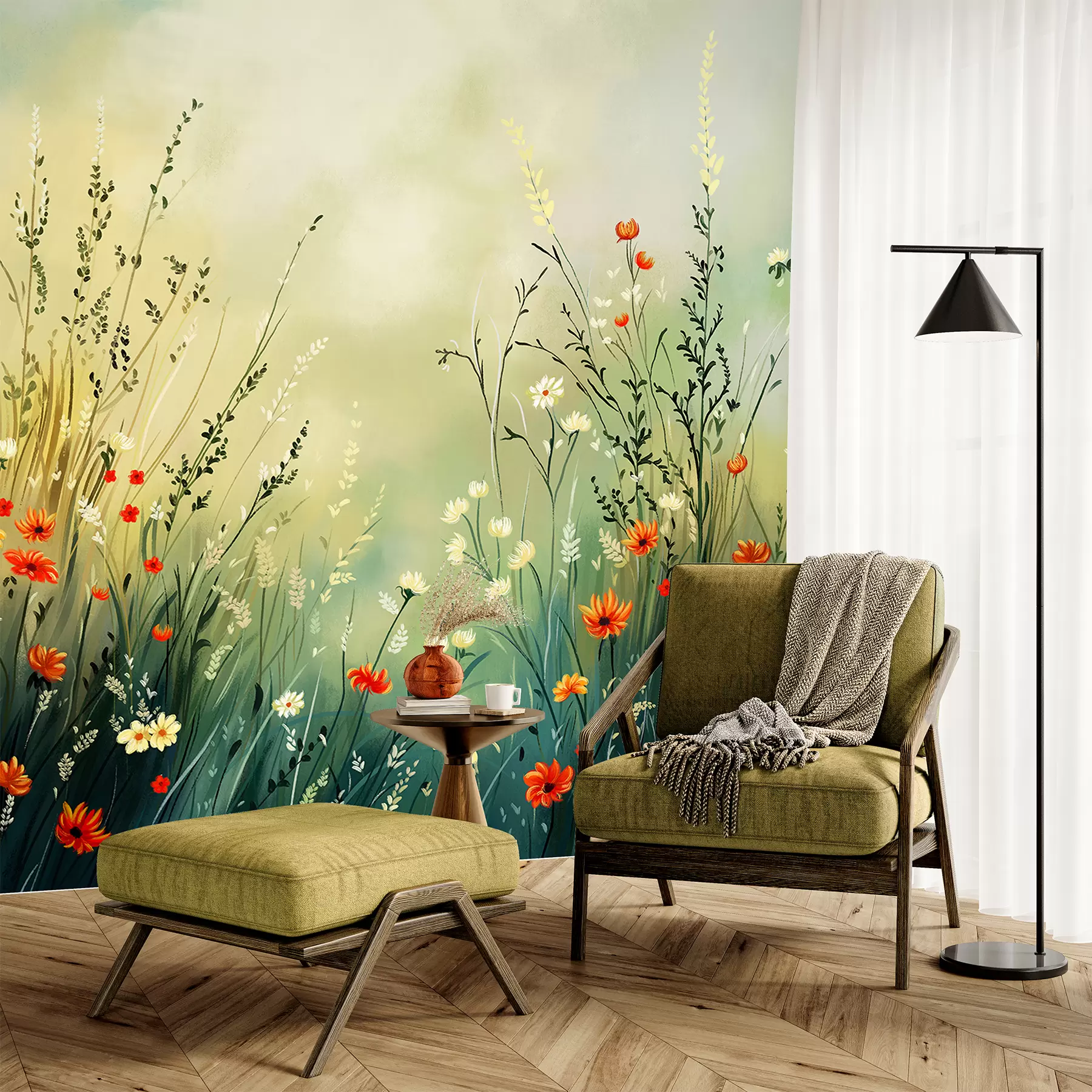 wall murals Meadow flowers and grasses in soft painterly style w05015