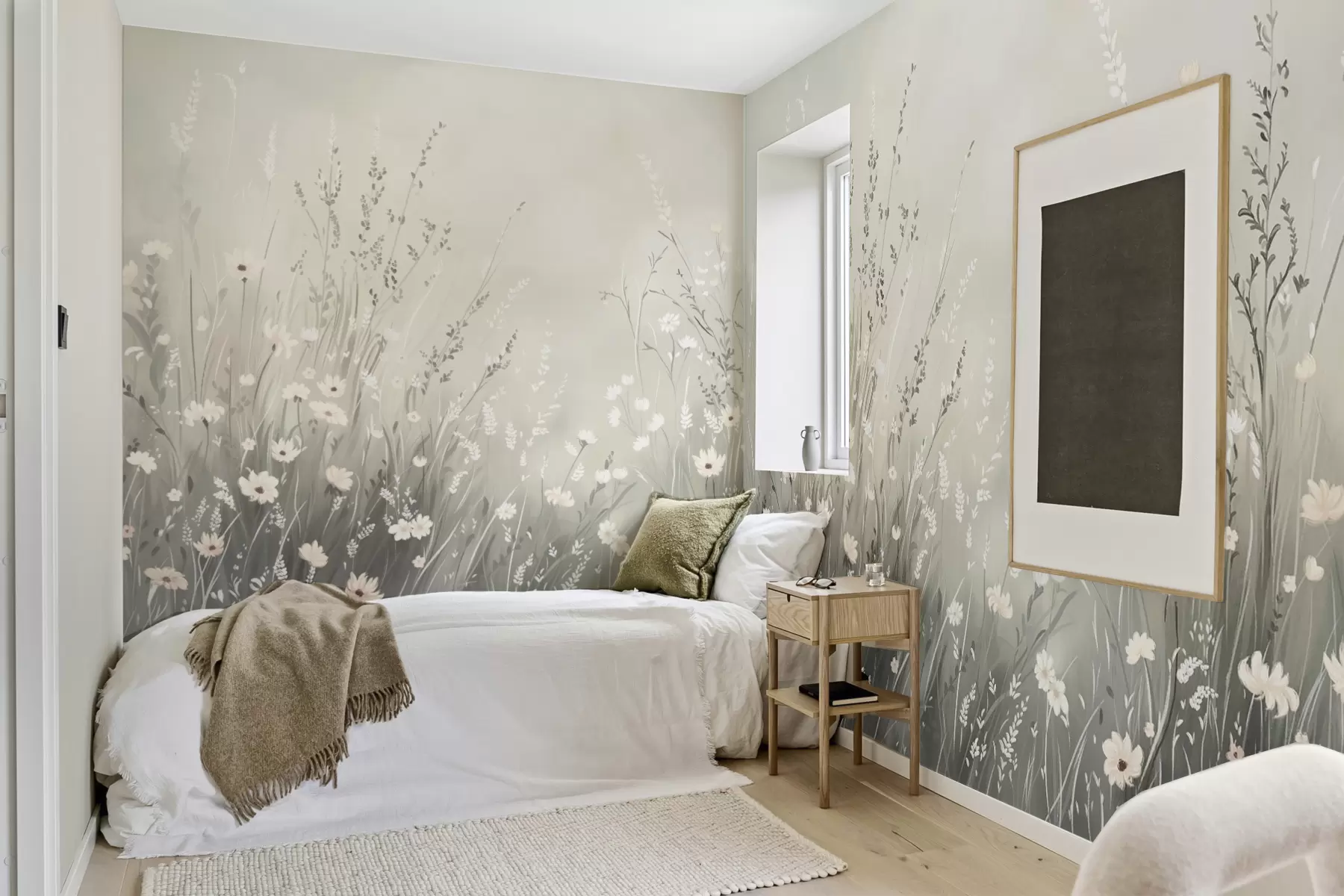 wall murals Soft meadow scene with white flowers and delicate grasses w05015v1