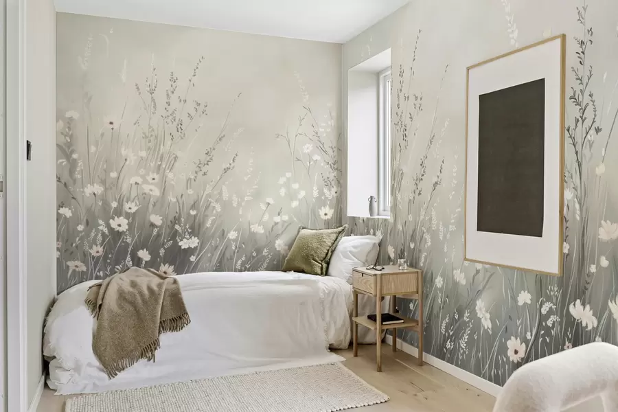 wall murals Soft meadow scene with white flowers and delicate grasses w05015v1