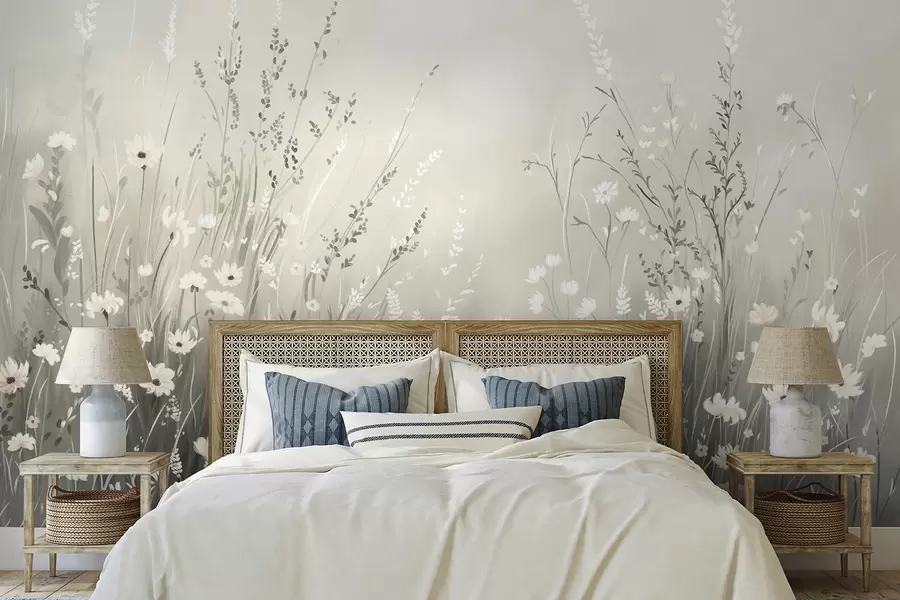 wall murals Soft meadow scene with white flowers and delicate grasses w05015v1